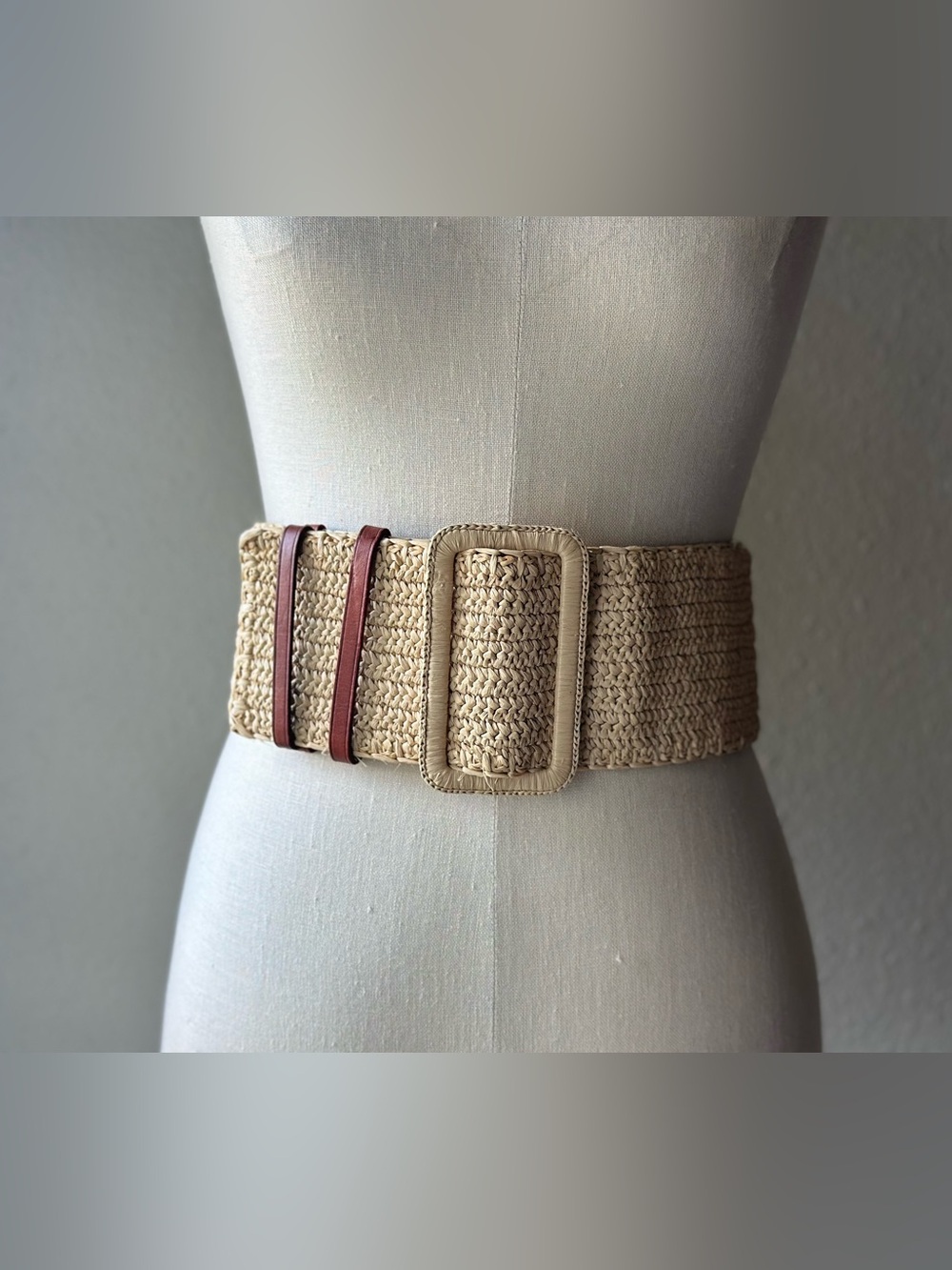 Polo Ralph Lauren Raffia Belt Beige Brown Woven Leather Trim Whipstitch Womens S